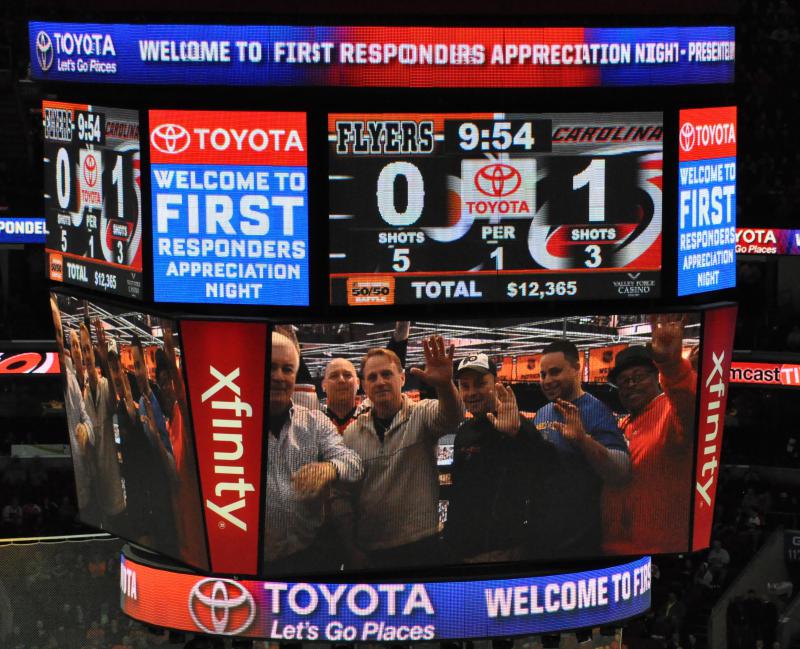 philadelphia flyers thank first responders west grove fire company flyer scoreboard