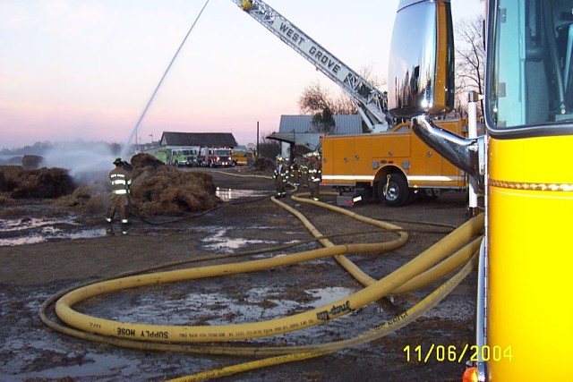 Compost fire, Old Baltimore Pike, ladder pipe flowing