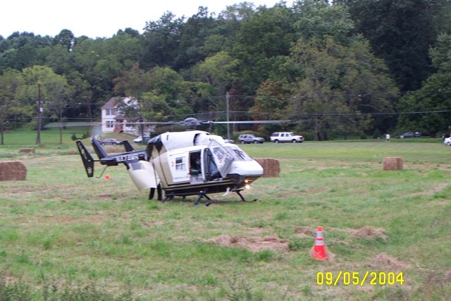 Sept 04 fatality accident, LifeNet 61 awaits a patient, Lake Road at Old Baltimore Pike