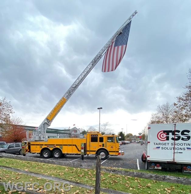 Ladder 22 flies WGFC's giant American flag in honor of Veterans Day at TSS in London Grove Township. 