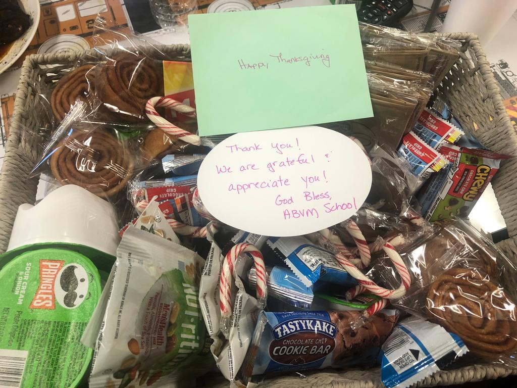 Such a nice note and treats from the students from ABVM School, delivered to the fire station in West Grove. 