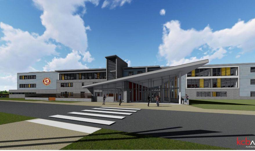 An architects rendering of the new school at the main entrance.  