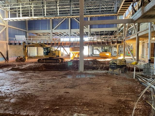 Work is underway in this large space which will become the auditorium, suitable for 1,000 people -- for scale, note the construction equipment in the space.