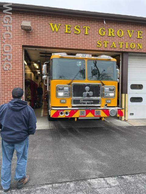 On its first visit, Engine 1 is backed into the smaller bays at West Grove to make sure it fits!