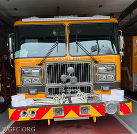 Boxes of subs from Hazel's Catering in Newark adorn the bumper of our new Engine 22-1, sent by this local caterer as a surprise thank you to first responders.