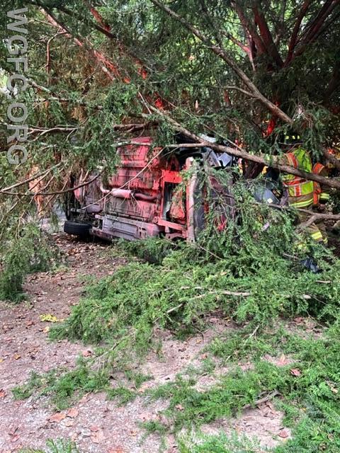 This view shows how entangled the car was in the tree, with several large branches broken off and thrown away from the crash.