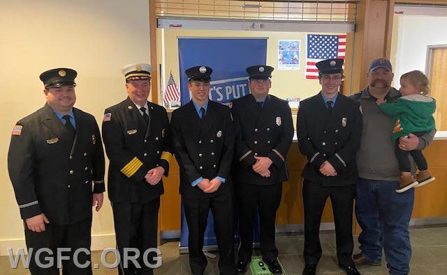 WGFC officers and members were on hand to witness the swearing in ceremony, including (L to R), Captain Kevin Sweeney, Chief Eric Felker, Firefighter Zach Felker, Firefighters Jack Wharry and Will Ginn, and Deputy Chief Josh Hawk and his young firefighter-to-be son.