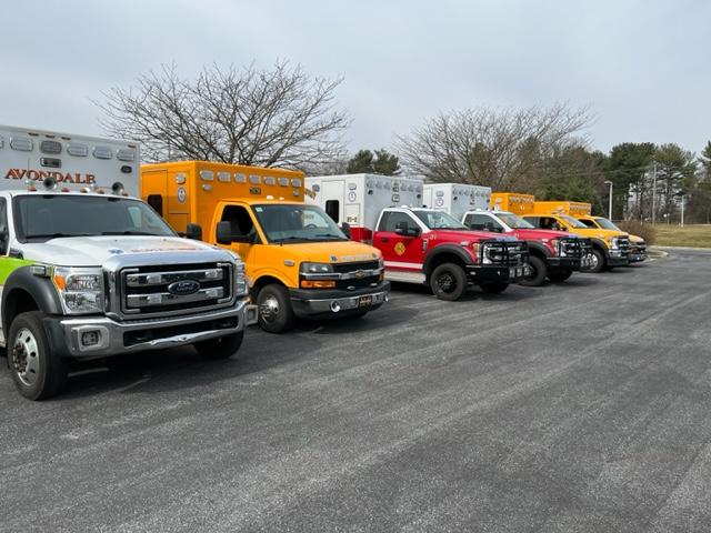 EMS units from Avondale and Oxford are lined up with WGFC ambulances prior to the exercise.