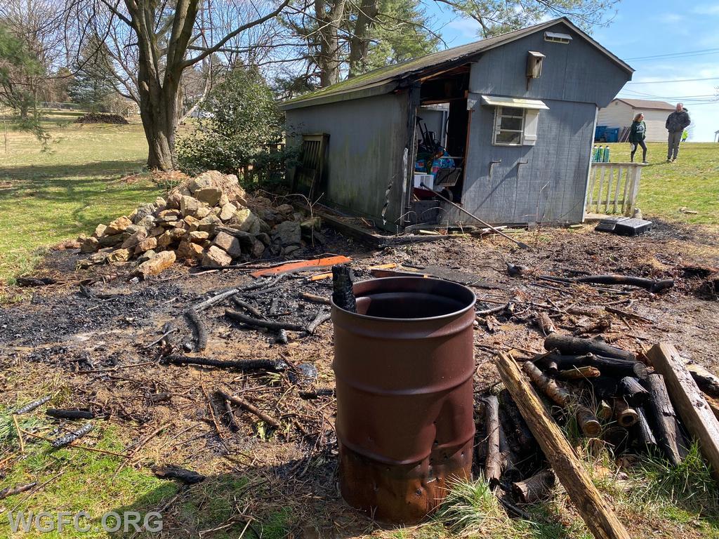 Burning yard waste in a drum extended to a shed due to windy, dry conditions in New London Saturday.  The WGFC urges caution in these weather conditions.