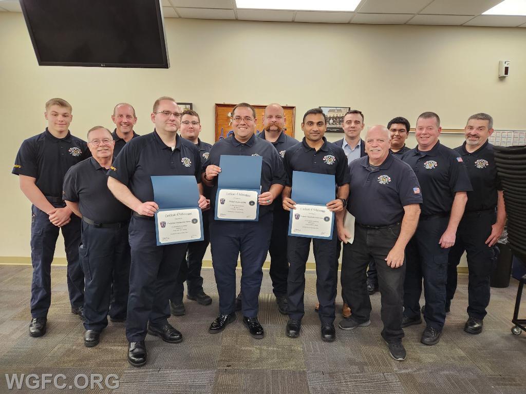 Three WGFC volunteer firefighters have graduated from the Fire 1 program at the County Training Center.  WGFC officers and members were present for the ceremony.