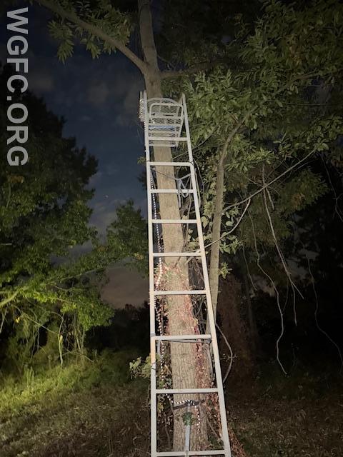 A hunter in Penn Township fell from this tree stand, with WGFC and Cochranville firefighters and EMTs, along with Medic 94 paramedics worked to get him safely to an ambulance from well back in the woods.  