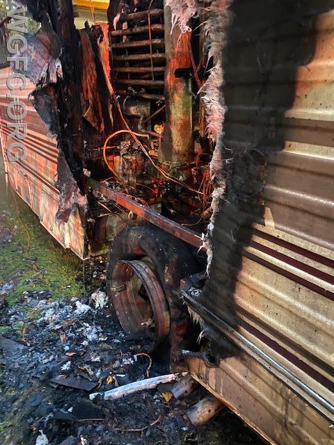 Fire burned up the side of the RV into the interior. 