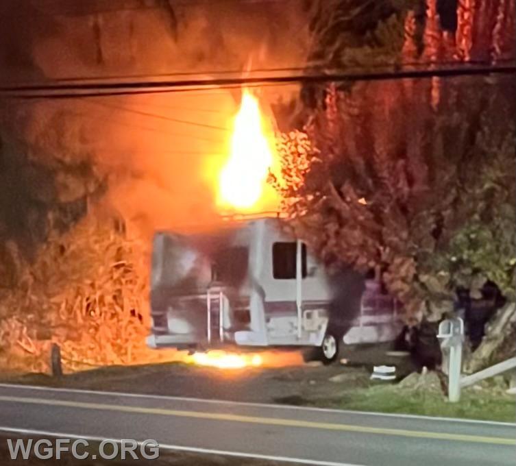 Heavy fire is showing in this RV as WGFC  units arrive on Baker Station Road in London Grove Twp.