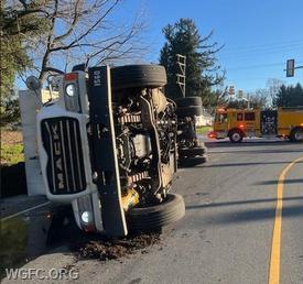 A dump truck rolled over creating a mess at the intersection of Routes 1 & 41, with WGFC Engine 22-1 on the scene. 