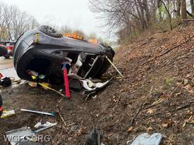A vehicle left the Route 1 Bypass roadway and wound up almost on its roof, requiring rescue to free a driver and dog by WGFC crews in London Grove.