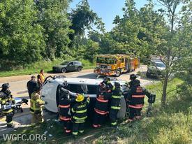 Crews from the WGFC, along with Longwood and Avondale, work to remove the roof of this SUV on the Route 1 Bypass in London Grove.  There was on subject trapped and two injuries.