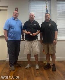 Members were honored for years of service by the WGFC.  Presenting a pin for 55 years of service to Past President Radar O'Connell is President Neil Vaughn (left) and Fire Chief Kevin Sweeney (right).  Congratulations!